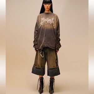 Unisex Machete Baggy Denim‎ Shorts distressed wide-leg cuffed denim jeans size S